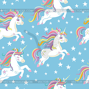 Seamless pattern with cute unicorns and stars on - vector image