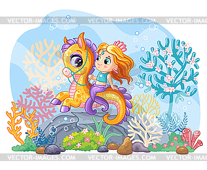 Sea wildlife background with cute mermaid on - vector clipart