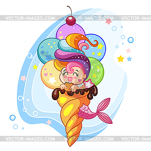 Cute kawaii mermaid in ice cream cone - vector image