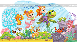 Sea wildlife background with cute mermaids and - vector clipart
