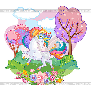 Beatiful unicorn with rainbow mane - vector clip art