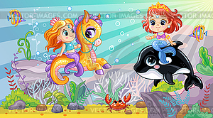Sea wildlife background with cute mermaids and orca - vector image