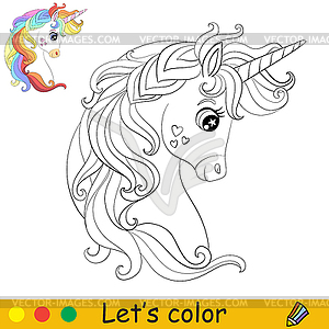 Cartoon cute unicorn with long rainbow mane coloring - vector clipart