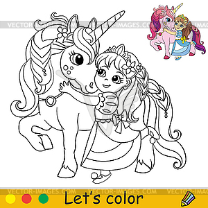 Cartoon cute princess cuddles with unicorn coloring - vector image