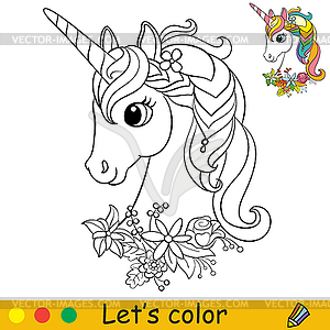 Cartoon cute unicorn with wreath of flowers around - vector clipart