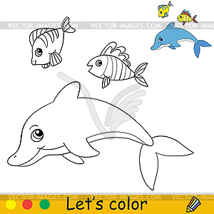 Cartoon cute sea theme coloring dolphin and fish - vector clip art