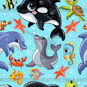 Seamless pattern cute cartoon water animals - vector clipart