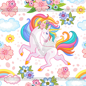 Seamless pattern with dreaming unicorn and flowers - vector image