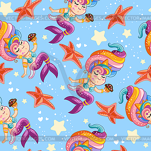 Seamless pattern cute mermaid eats cupcake - vector clipart