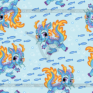 Seamless pattern cute cartoon water dragon and - vector clip art