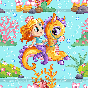 Seamless pattern cute mermaid riding on seahorse - vector clip art