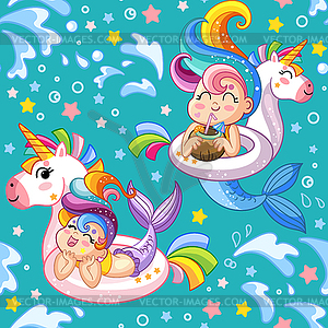 Seamless pattern cute mermaids and inflatable - vector clipart