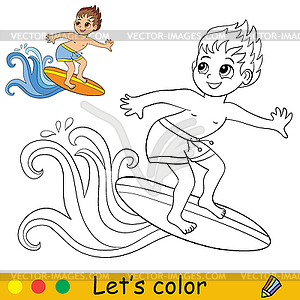 Cute cartoon boy catches wave on surfboard coloring - vector image