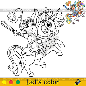 Cartoon little knight in armor riding unicorn - vector image