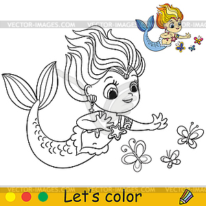 Cartoon cute mermaid look at beautiful butterflies - vector clip art