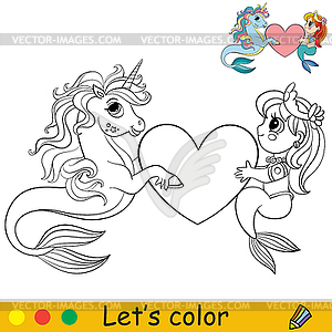 Coloring cartoon cute mermaid and seahorse holds - vector clipart