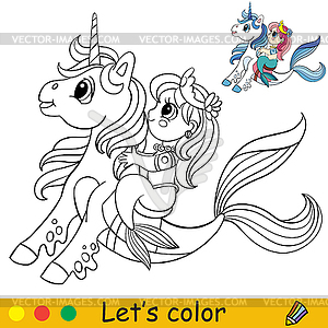 Coloring cartoon cute mermaid riding sea unicorn - color vector clipart