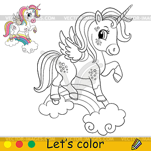 Cartoon jumping unicorn in smart harness coloring - vector clip art