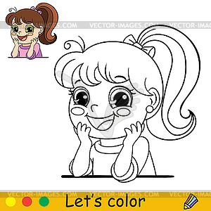 Cartoon happy and smiling girl portrait coloring - vector clip art