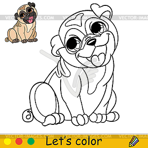 Cartoon cute sitting dog pug coloring book - vector image