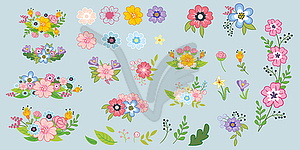 Садовые цветы и растения милый набор - векторная графика