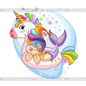 Kawaii and cute mermaid in inflatable circle - vector clipart