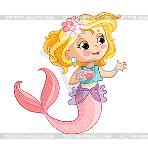 Cute blonde mermaid and flowers cartoon - vector image