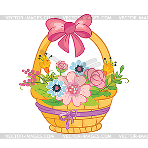 Cartoon basket with bow and flowers - vector image