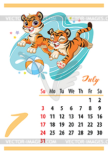 Cute tiger wall calendar july template 2022 - vector image