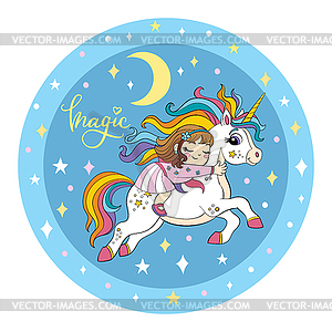 Cute girl sleeping on back of unicorn - vector clipart