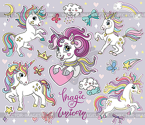 Set of cartoon unicorns stickers - vector clip art