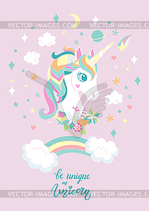 Cartoon trendy unicorn with rainbow poster - vector clipart