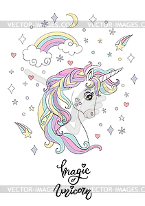 Cartoon unicorn with magic elements poster - vector clipart