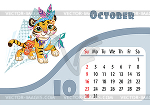Tiger desk calendar design template for october 2022 - vector clipart
