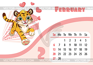 Tiger desk calendar design template for february - color vector clipart