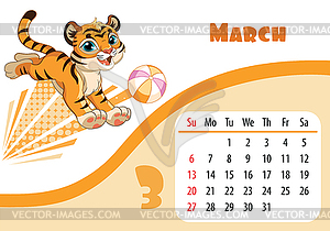 Tiger desk calendar design template for march 2022 - vector clip art