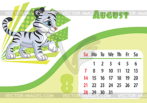 Tiger desk calendar design template for august 2022 - vector clip art