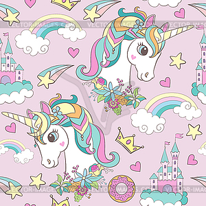 Seamless pattern with cute unicorns heads and - vector image