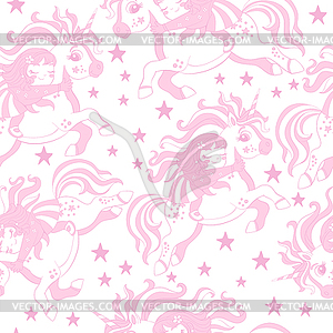 Seamless pattern with cute unicorns and girls - vector image