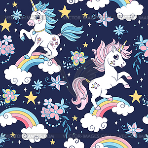Seamless pattern with unicorns and cosmic and flora - vector image
