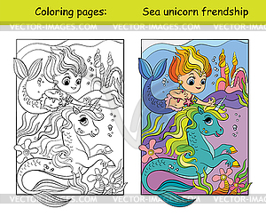 Coloring and color swimming unicorn and mermaid - vector image