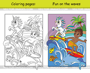 Coloring and color black boy and unicorn surf on - vector clip art
