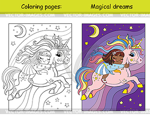 Coloring and color black girl sleeps on back of - royalty-free vector clipart