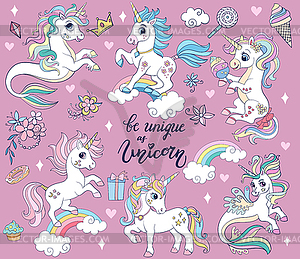 Set of cute cartoon unicorns and sea unicorns - vector clipart