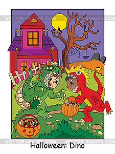 Halloween funny boys in dinosaur costume - color vector clipart