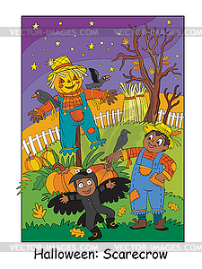 Halloween children in costumes of scarecrow and crow - vector image