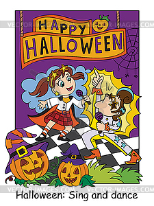 Halloween children in costumes of retro singers - vector image