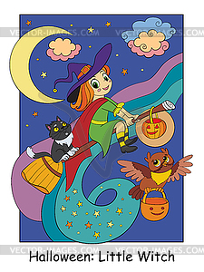 Halloween cute witch flying on broomstick - vector image