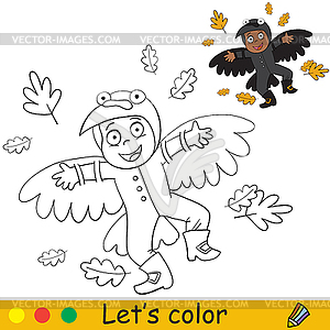 Coloring with template Halloween boy in crow costume - vector image