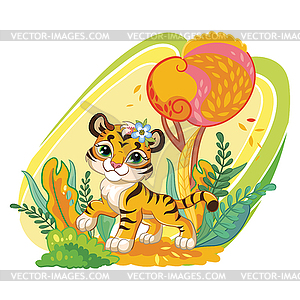 Cute cartoon tiger in autumn background - vector image